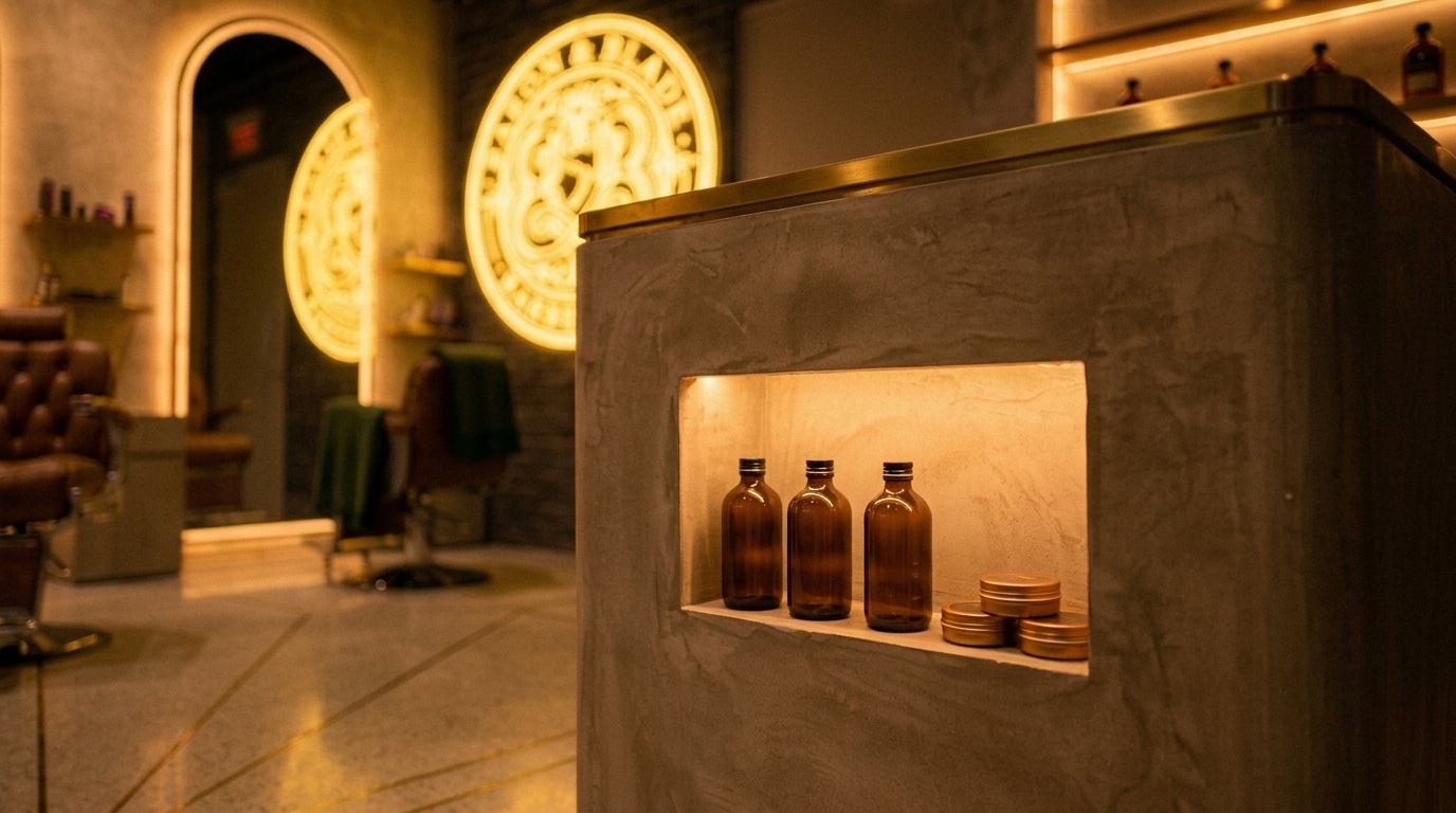 The reception block, its lit niche of amber bottles and brass tins, the monogram glowing beyond