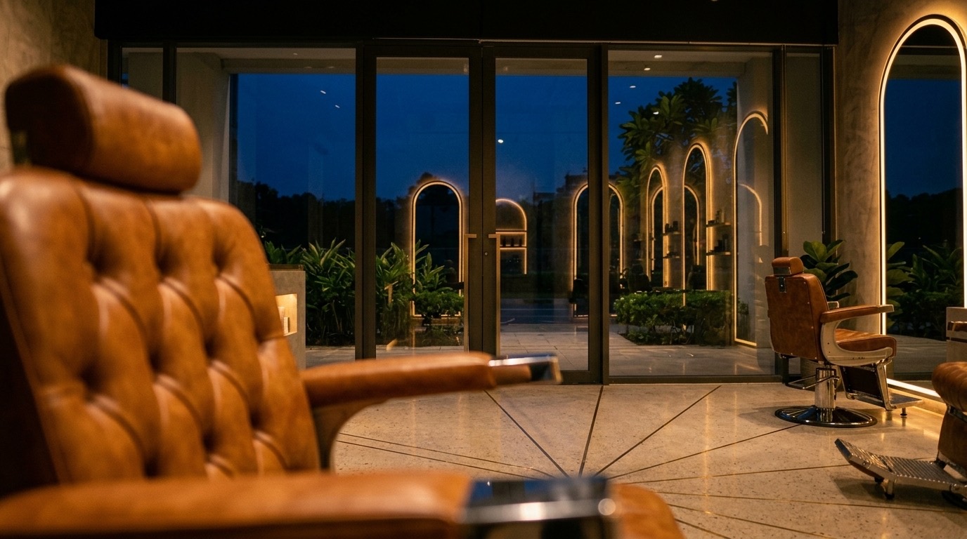 The room from a barber's chair, looking out through the glass to the evening