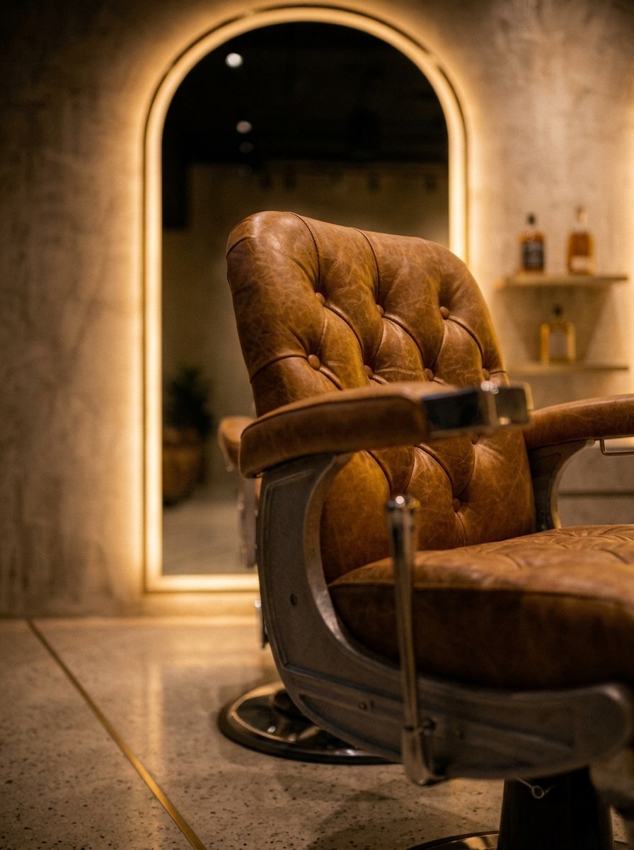 A tan leather barber chair in front of an arched lit niche