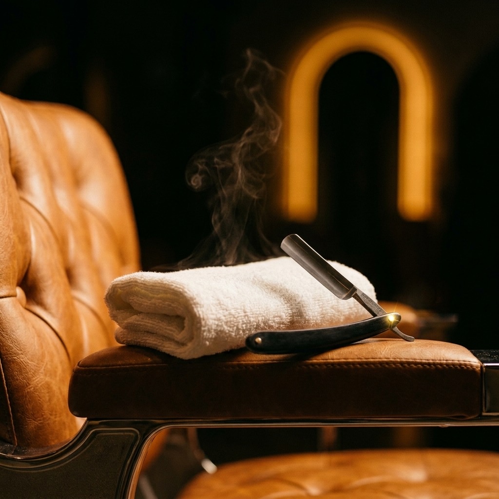 A steaming hot towel and an open straight razor on the arm of a leather chair