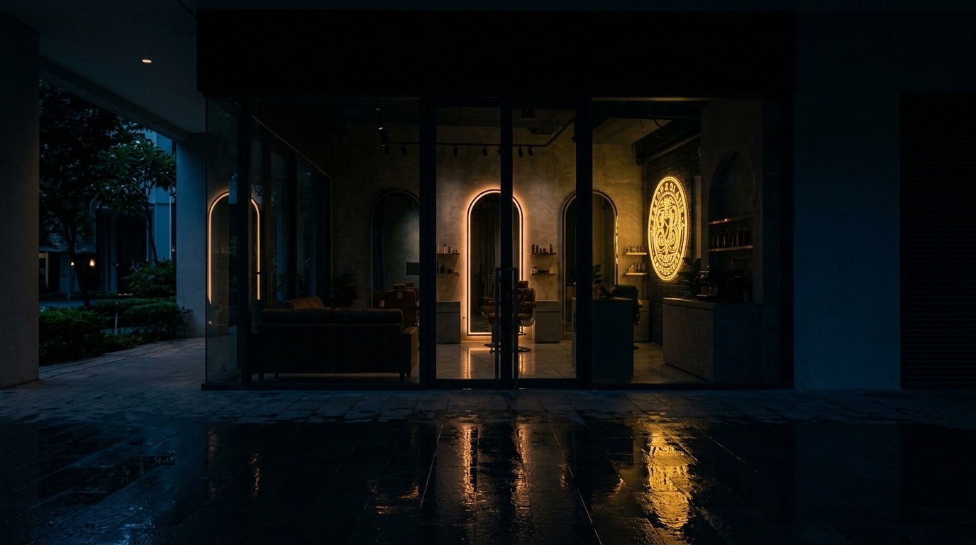 The shop at night from the promenade, the monogram still lit
